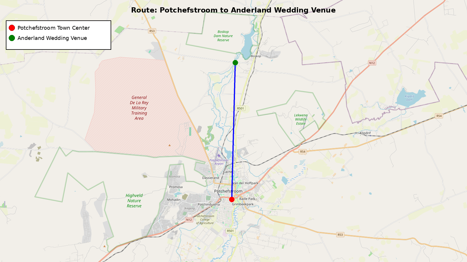 Route map to Anderland from Potchefstroom